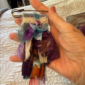 Handmade Fiber Art Denim Mixed Media Tassel Brooch 5 inches long unique